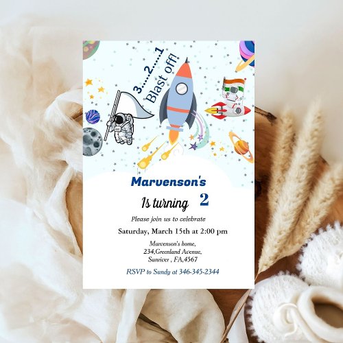 Outer space birthday theme travel theme baby boy  invitation