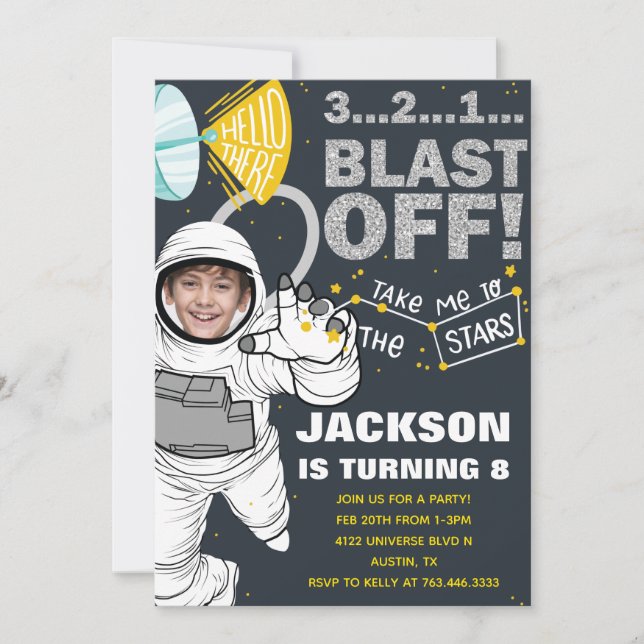 Outer Space Blast Off Astronaut Photo Birthday Invitation (Front)