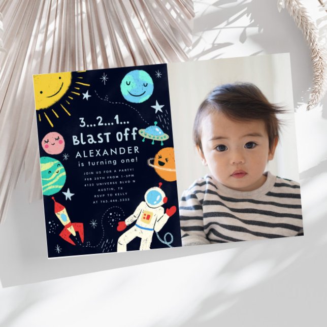 Outer Space Blast Off Birthday Party Photo Invitation (Creator Uploaded)