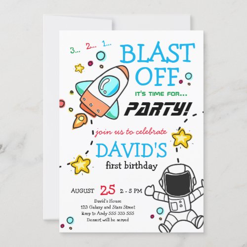 Outer Space Blast Off Rocket Boy First Birthday Invitation