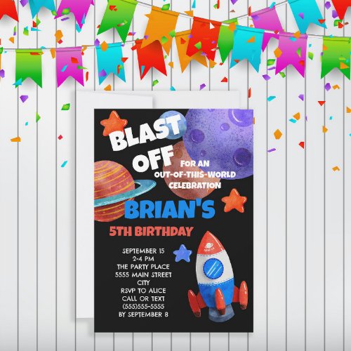 Outer Space Blast Off Rocket Childs Birthday Invitation
