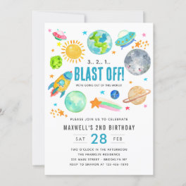 Outer Space Blast Off Rocket Kid Birthday Party Invitation