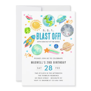 Outer Space Blast Off Rocket Kid Birthday Party  Invitation