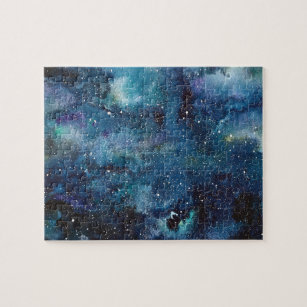 Outer Space Blue Nebula Galaxy Watercolor Jigsaw Puzzle