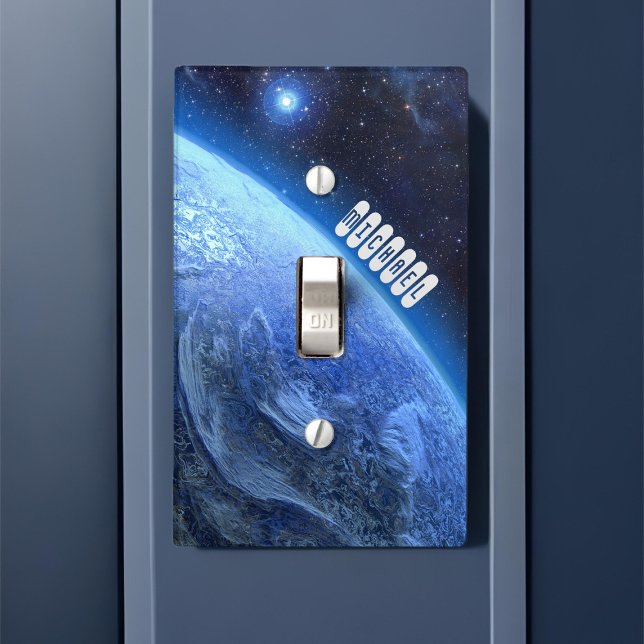 Outer Space Blue Planet Kids Room Name Template Light Switch Cover (Personalized outer space themed light switch cover plate for kids room)
