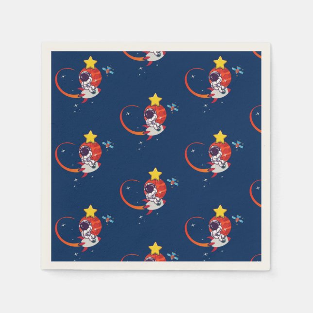 Outer Space Blue Rocket Astronaut Birthday Kids Napkins (Front)
