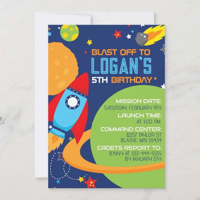 Outer Space Blue Rocket Birthday Invitations (Front)