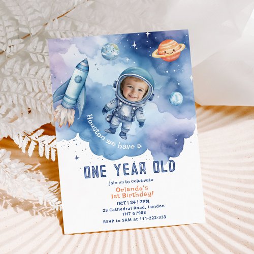 Outer Space Boy Astronaut 1st Birthday Photo Invitation