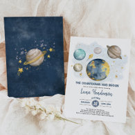 Outer Space Boy Baby Shower Moon Stars Galaxy Navy Invitation