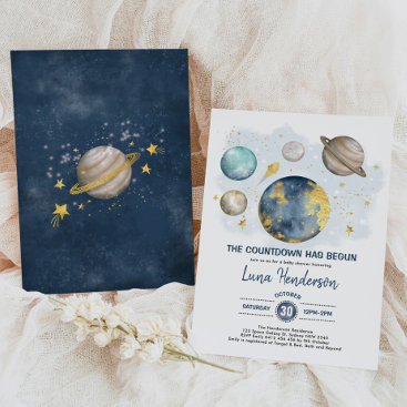 Outer Space Boy Baby Shower Moon Stars Galaxy Navy Invitation