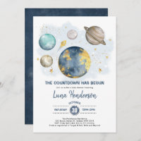 Outer Space Boy Baby Shower Moon Stars Galaxy Navy Invitation