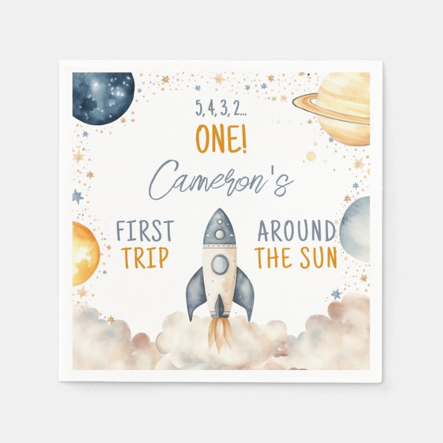 Outer Space Boy First Birthday Napkins (Front)