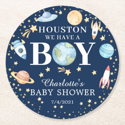 Outer Space Boys Baby Shower Round Paper Coaster