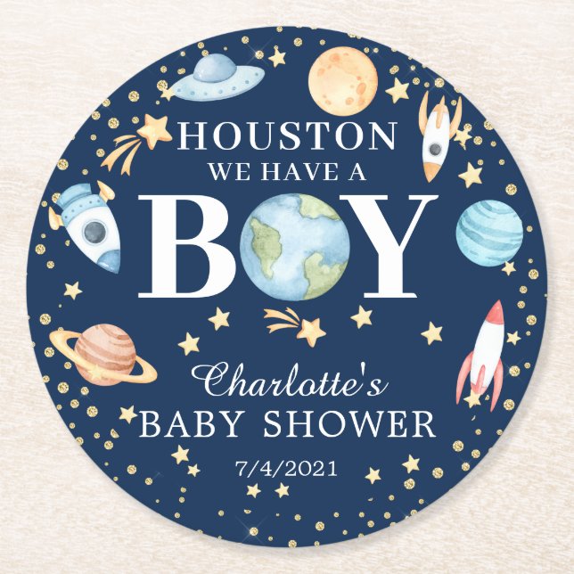 Outer Space Boys Baby Shower Round Paper Coaster (Front)