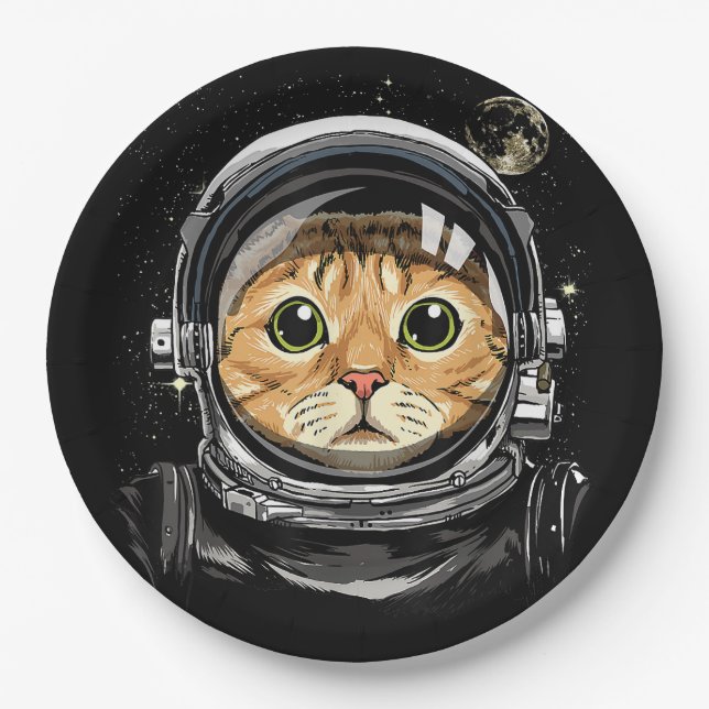 Outer Space Cat Kitty Astronaut Animal Face Galaxy Paper Plates (Front)