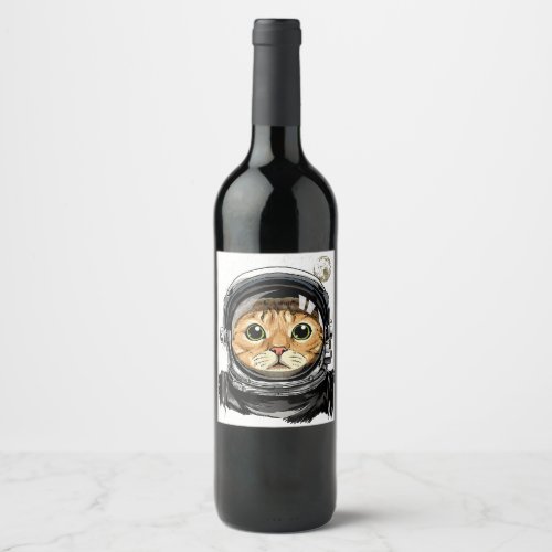 Outer Space Cat Kitty Astronaut Animal Face Galaxy Wine Label