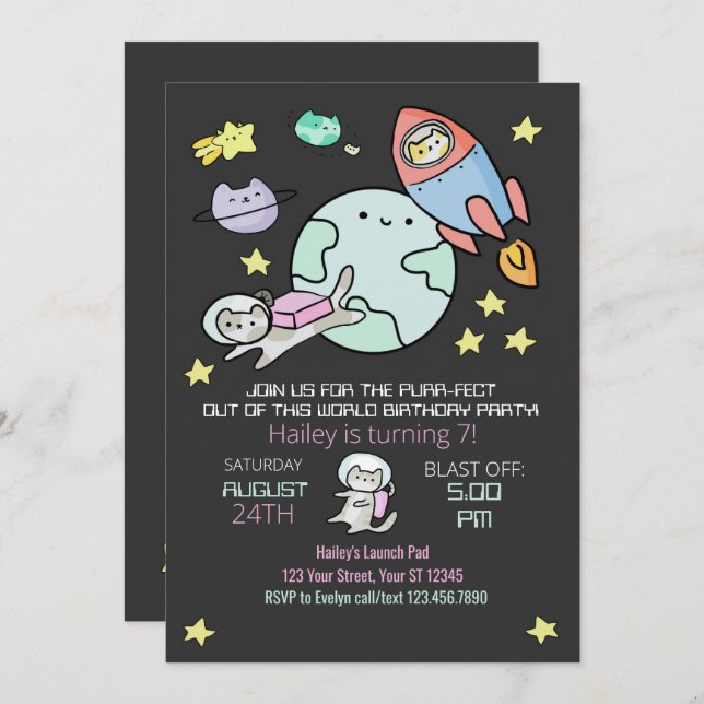 Outer Space Cats Birthday Invitation Purr-fect (Front/Back)