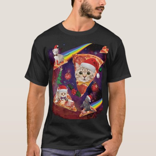 Outer Space Christmas Cats Riding On Pizza T_Shirt