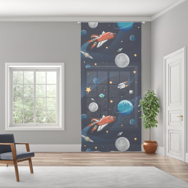 Outer Space Cosmic Pattern Moon and Stars Sheer Curtains (Wide)