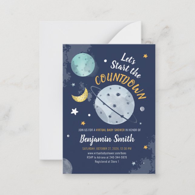 Outer Space Countdown Virtual Baby Shower Note Card (Front)