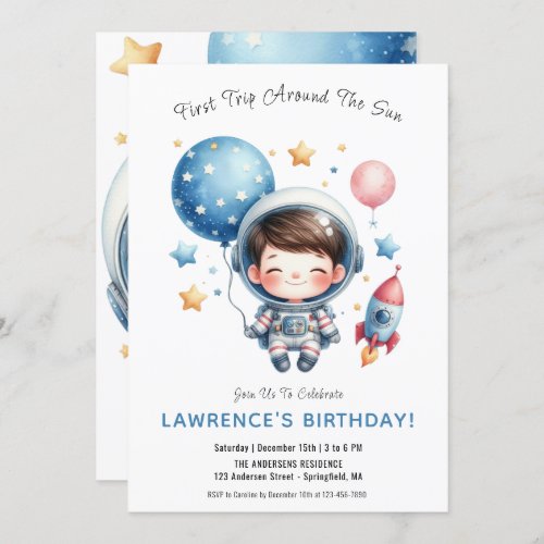 Outer Space Cute Austronaut Boy 1st First Birthday Invitation