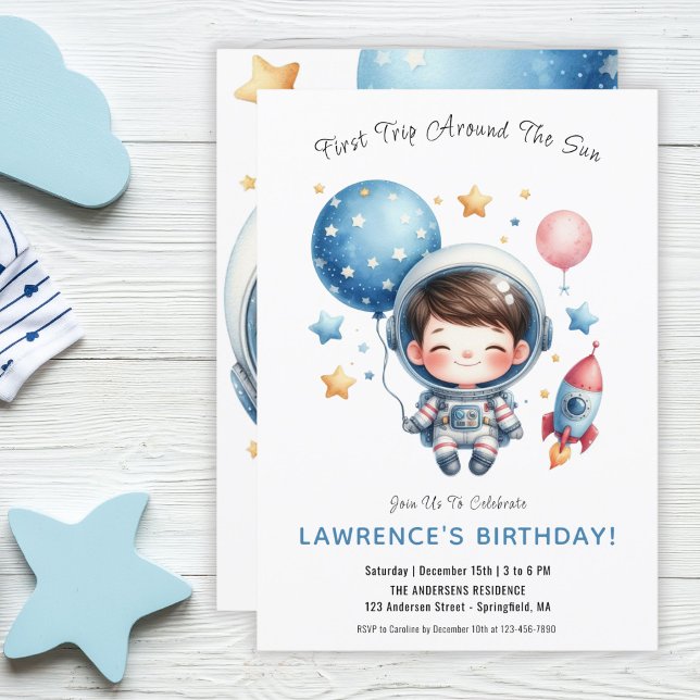 Outer Space Cute Austronaut Boy 1st First Birthday Invitation (Outer Space Cute Austronaut Boy 1st First Birthday Invitation)