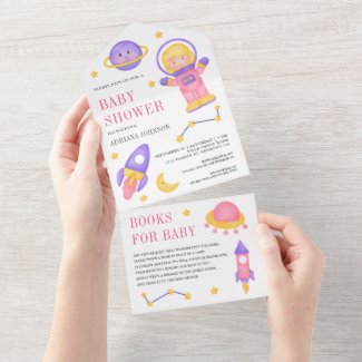 Outer Space Cute Pink Girl Astronaut Baby Shower All In One Invitation