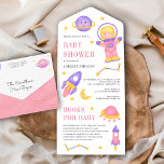 Outer Space Cute Pink Girl Astronaut Baby Shower All In One Invitation<br><div class="desc">Amaze your guests with this modern space theme baby shower invite featuring a cute girl in astronaut costume and modern typography with detachable book request card. Simply add your event details on this easy-to-use template to make it a one-of-a-kind invitation.</div>