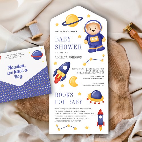 Outer Space Cute Teddy Bear Astronaut Baby Shower All In One Invitation