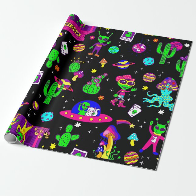 outer space disco alien ufo cosmic saloon wrapping paper (Unrolled)