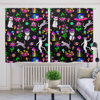 outer space disco cat alien ufo leopard surreal blackout curtains