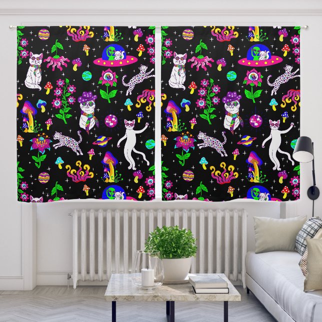 outer space disco cat alien ufo leopard surreal blackout curtains (Living Room)