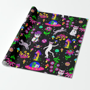 outer space disco cat alien ufo leopard surreal wrapping paper