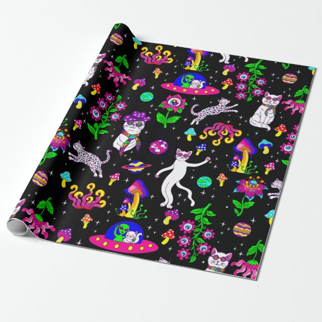 outer space disco cat alien ufo leopard surreal wrapping paper (Unrolled)