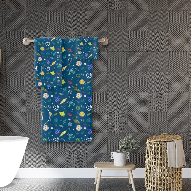 Outer Space Doodle Monogrammed | Dark Blue Bath Towel Set (Creator Uploaded)