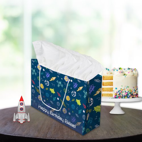 Outer Space Doodle Pattern Monogram  Dark Blue Large Gift Bag