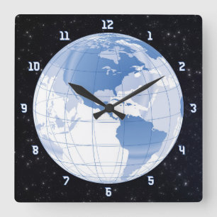 Outer Space Earth Globe w/Stars Square Wall Clock
