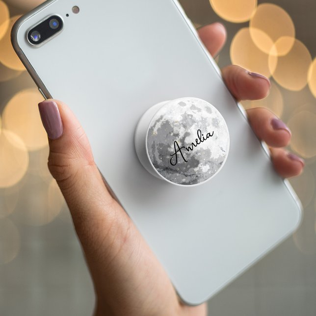 Outer space Elegant Silver Full Moon Custom Name PopSocket (Creator Uploaded)