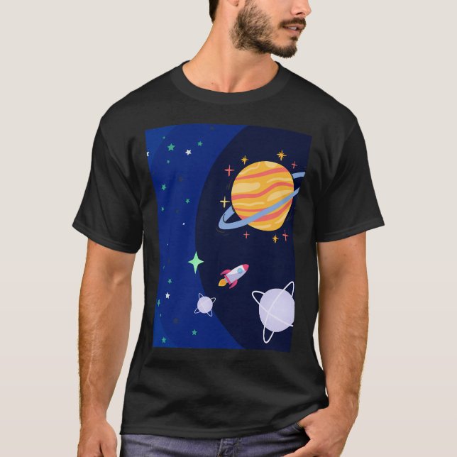 Outer Space Explorer Stars And Planets Design T-Shirt (Front)