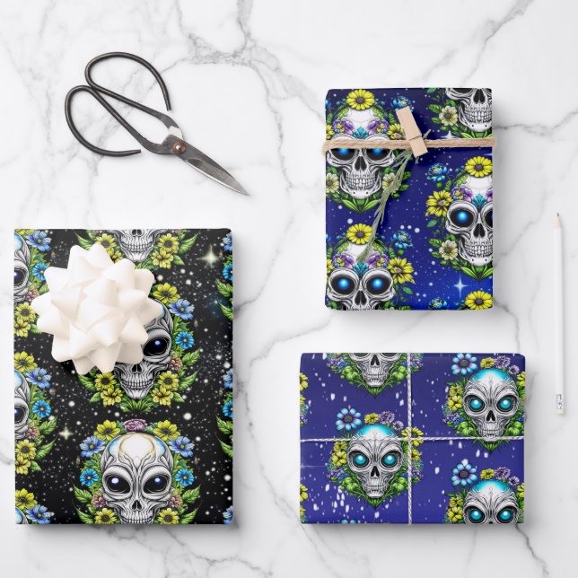 Outer Space Extraterrestrial Alien Skulls   Wrapping Paper Sheets (Front)