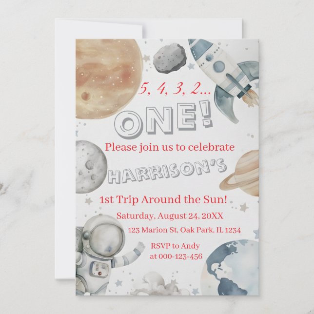 Outer Space First Birthday Invitation Watercolor (Front)