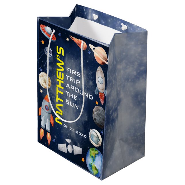 Outer Space First Birthday Medium Gift Bag (Back Angled)