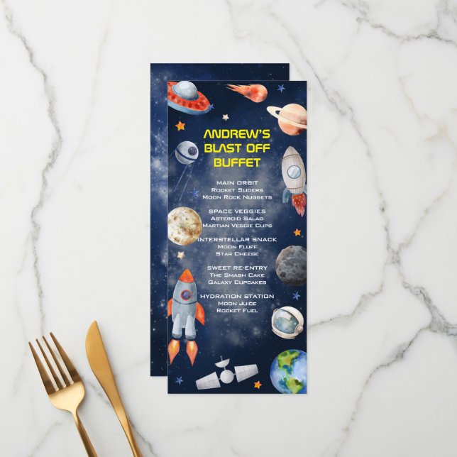 Outer Space First Birthday Menu (Front/Back In Situ)