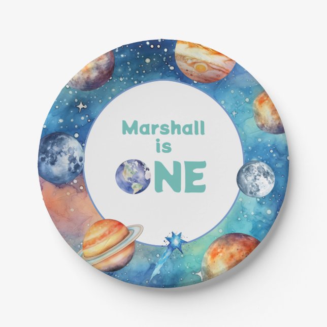 Outer Space First Birthday Party Galaxy Planets Paper Plates (Front)