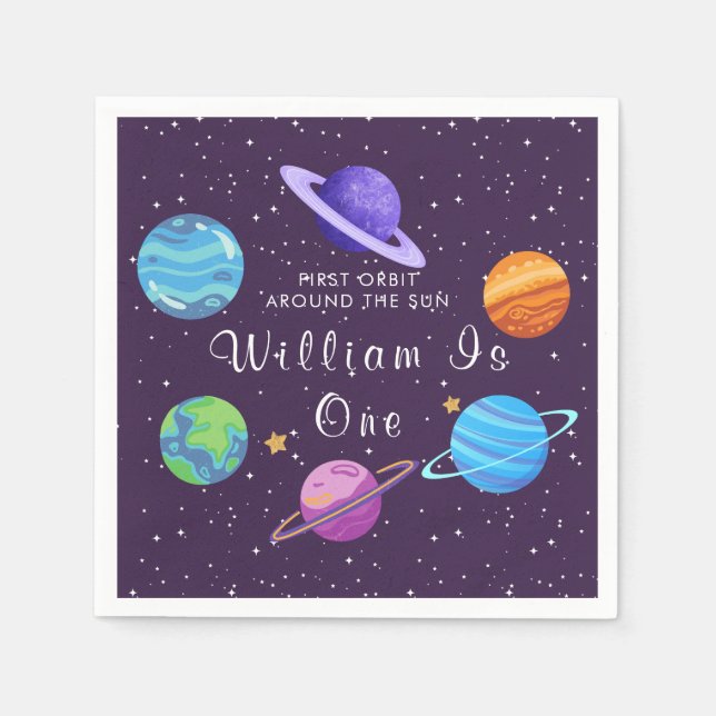 Outer Space First Birthday Party Napkins (Front)