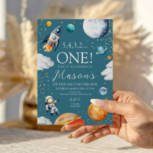 Outer Space First Birthday Rocket Teal Blue Invitation