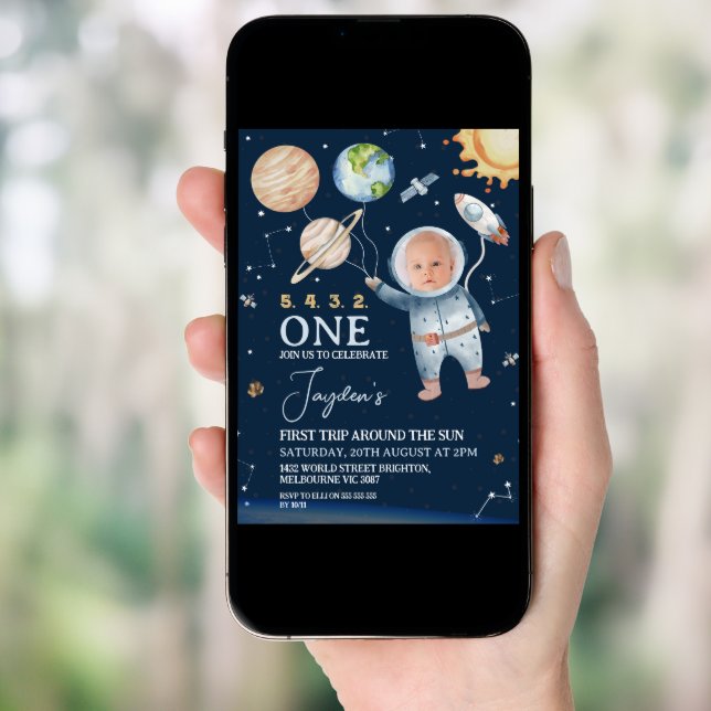 Outer-space First Trip Around Sun 1st Birthday Invitation (Front Digital)