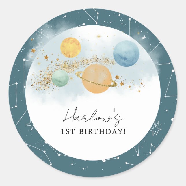 Outer Space First trip around sun Birthday Classic Round Sticker (Front)