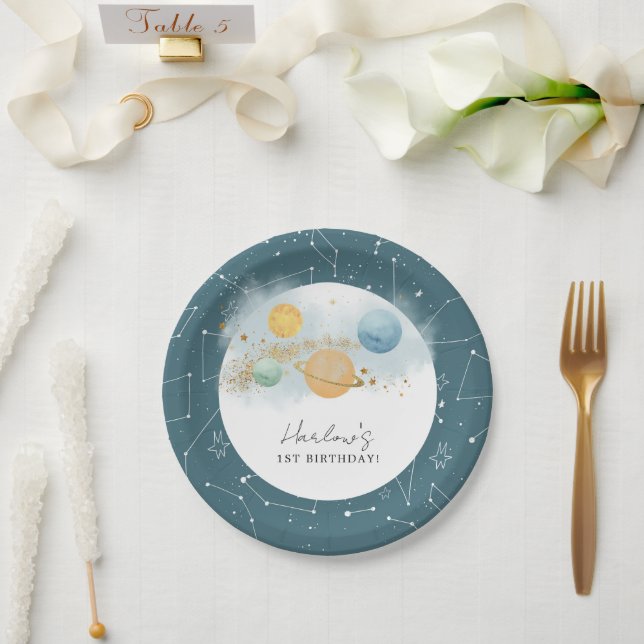 Outer Space First trip around sun Birthday Paper Plates (Wedding)