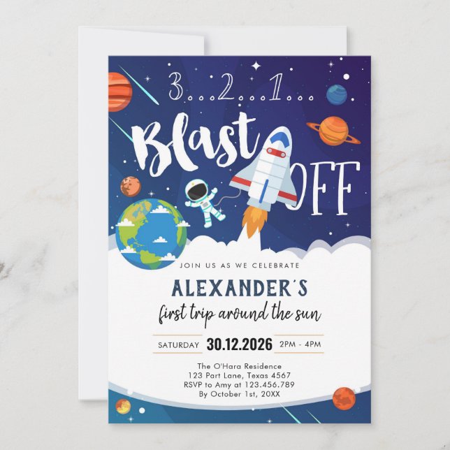 Outer Space First Trip Around the Sun 1st Birthday Invitation (Front)